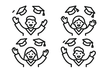 Happy graduates celebrating with raised arms and throwing mortarboards