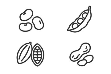 Assortment of legume and seed icons featuring beans, peas, cacao, and peanuts