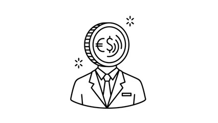 A stylized illustration of a person in a suit with a coin featuring currency symbols for their head.