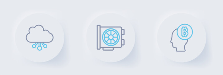 Set line Bitcoin think, Video graphic card and Cryptocurrency cloud mining icon. Vector