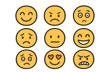 Nine yellow emoji faces displaying various emotions and expressions