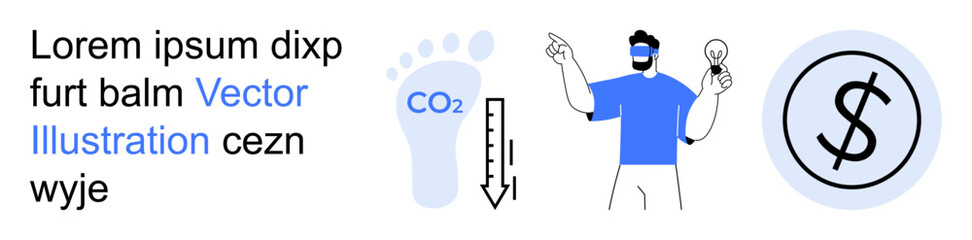 Sustainability, carbon reduction, energy efficiency, environmental impact, renewable energy, financial planning. Footprint and CO2 arrow, person with bulb dollar symbol. Sustainability and carbon