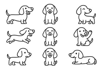 Collection of dachshund dog icons showing various actions and poses