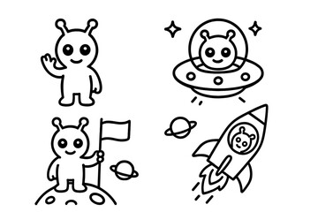 Friendly cartoon alien characters and space travel icons in outline style