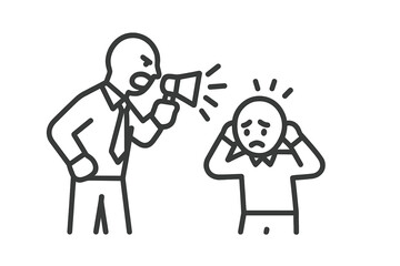 Aggressive manager shouting through megaphone at distressed employee covering ears