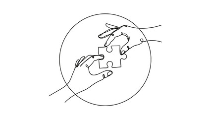 Two hands carefully connect a puzzle piece within a circular frame, symbolizing collaboration and problem-solving.