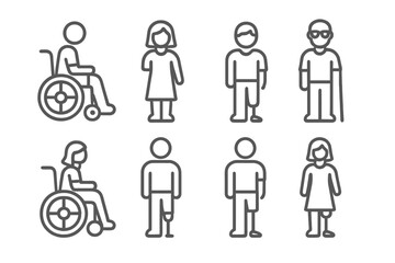 Different types of people showing various abilities and mobility aids in a simple design