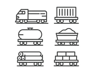Collection of rail freight wagons including locomotive, tank car, container, coal, and lumber carriers
