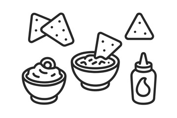 Mexican food appetizers outline symbols including tortilla chips, guacamole, salsa, and sauce