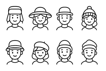 Minimalist line art avatar collection featuring various headwear styles and happy faces
