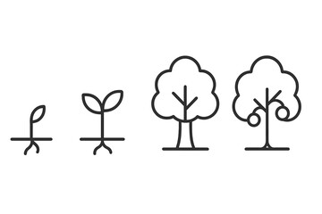 Minimalist outline showing the growth stages of a tree from sprout to maturity