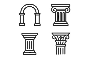 Set of four classical architectural elements including Ionic, Corinthian, and Doric column capitals and an archway