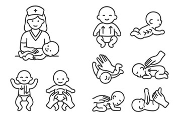 Infant care procedures showing baby massage, physical development, and nurse interaction
