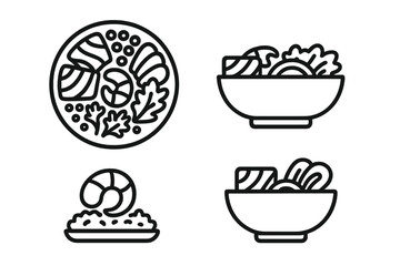 Minimalist outline icons of healthy seafood bowls, fresh salads, and shrimp ingredients
