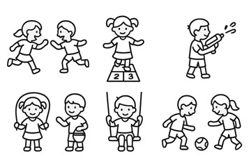 Kids playing outdoor games including running, jumping rope, and soccer