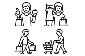 Men and women shopping for groceries and clothes carrying retail purchase bags