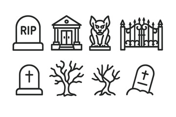 Spooky cemetery and graveyard icons set featuring gravestones, gargoyle, gate, and dead trees