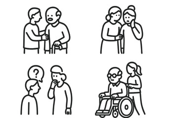 Elderly care and support showing communication, assistance, health, and mobility issues