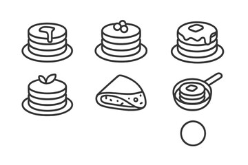 Collection of line art symbols showing stacks of pancakes with syrup, berries, and a folded crepe