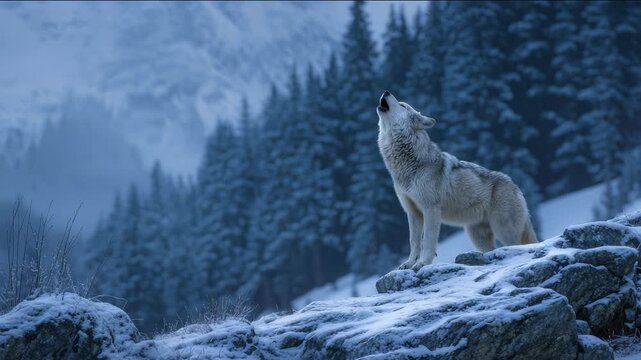 Wild wolf howling on snowy rocky outcrop in a misty winter mountain landscape