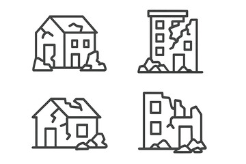 Outline symbols of damaged structures and collapsed houses after natural disaster