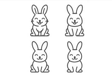 Four adorable smiling cartoon rabbit characters in simple outline style for Easter holiday designs