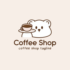 Minimalist coffee shop logo featuring cute bear mascot with coffee cup. Friendly illustration with soft brown tones for cafe branding and design.