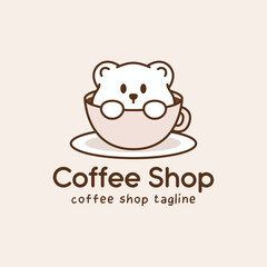 Charming coffee shop logo featuring bear mascot peeking from inside coffee cup. Cute illustration with pastel colors for cafe and bakery branding.