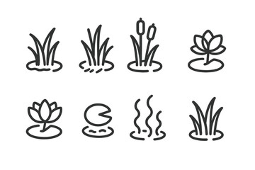 Minimalist black line art of wetland flora including cattails and lily pads