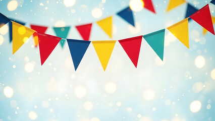 Colorful triangular party flags hanging against a blurred festive background