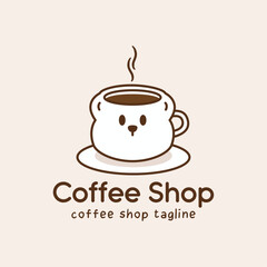 Charming coffee logo featuring bear-shaped mug with steaming hot coffee. Cute mascot design with minimalist style for cafe branding.