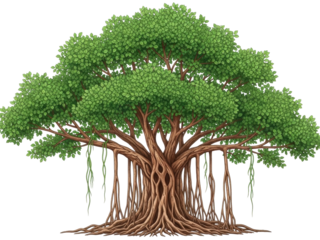 Isolated Banyan Tree with Roots, Nature, Large Branches, and Lush Green Leaves, Fantasy Design