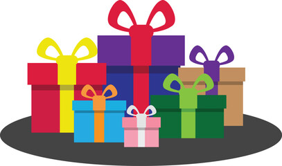 Group of  multicolored gift boxes set. Flat style. Boxes with colored ribbon bows.