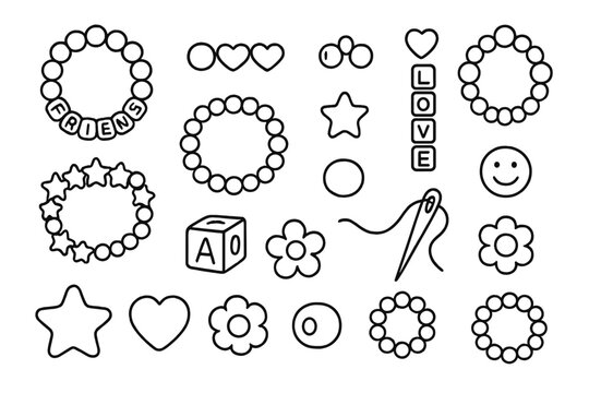 Outline icons set for making friendship bracelets and beaded jewelry with hearts, stars, flowers, and letter beads