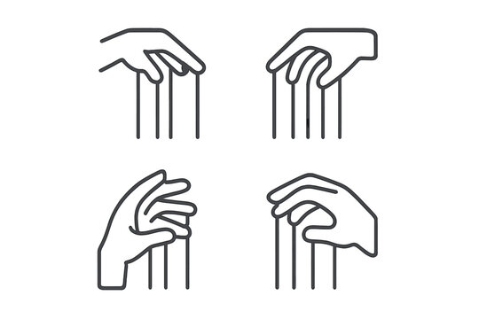 Four distinct outline icons illustrating hands pulling strings symbolizing control, authority, and manipulation