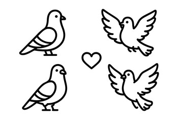 Set of minimalist outline doves and pigeons in various poses with a central heart shape