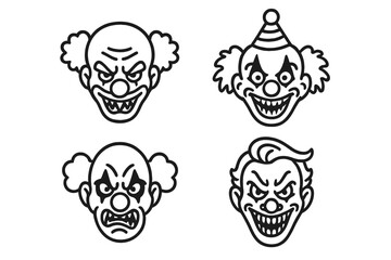 Four terrifying evil clown faces with menacing expressions and sharp teeth