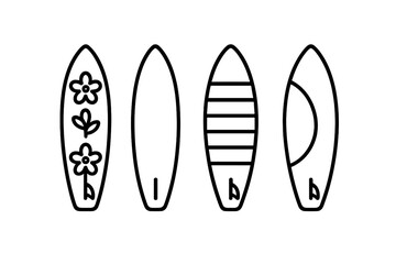 Set of four outline surfboards featuring floral, striped, and solid designs