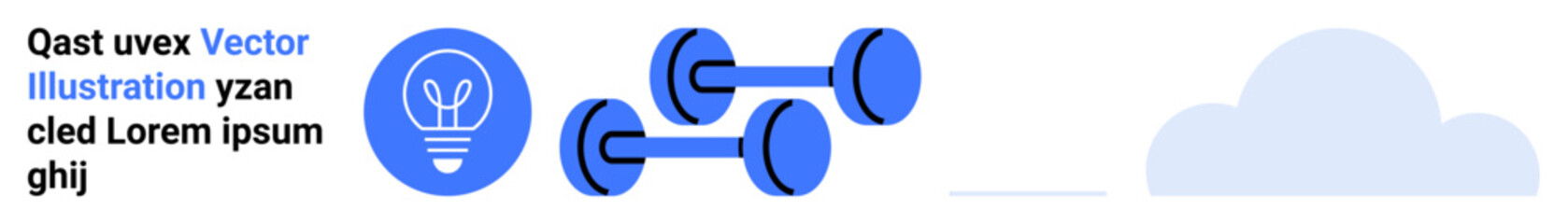 Creativity, fitness, technology, innovation, brainstorming, cloud solutions. Blue lightbulb, dumbbells and cloud icons. Creativity and fitness concepts in flat design elements