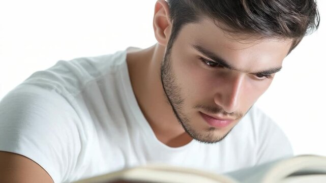 Video A person sitting and reading a book while wearing a white shirt