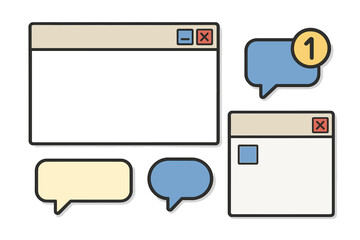 Set of vintage computer interface elements including browser and message notifications