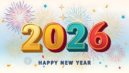Festive new year 2026 celebration with colorful fireworks and bold typography