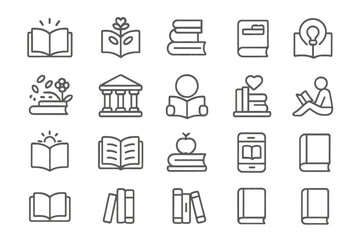 Minimalist outline icons for education, reading, library, and academic knowledge