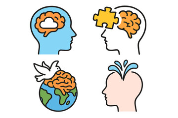 Colorful icons representing abstract concepts of mind, brain health, and problem solving