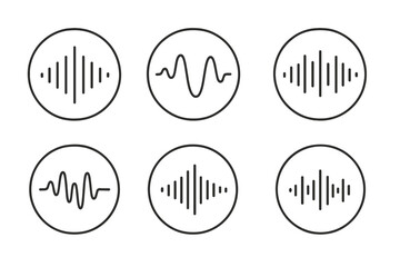 Set of six circular icons featuring audio equalizer and voice recognition waves