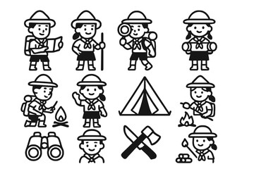 Boy and girl scouts engaged in camping and outdoor activities, simple black and white style