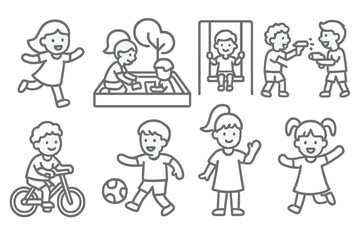 Outline icons depicting happy children playing various outdoor games and activities in a park