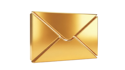 Golden envelope PNG isolated on transparent background, shiny metallic mail icon for communication and business correspondence