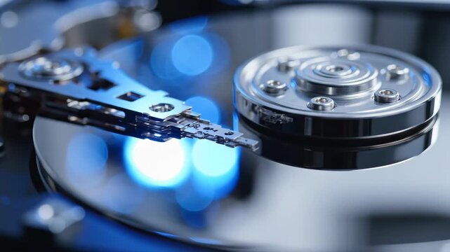 Close-up of a Hard Disk Drive with ReadWrite Head and Platter.