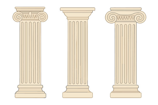 Three classical architectural columns featuring Ionic and simplified Doric orders